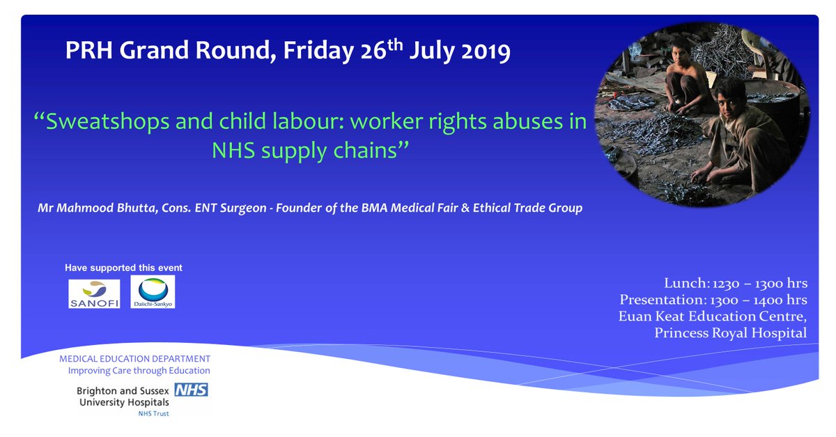 Really looking forward to the PRH GRAND ROUND this Friday 26th July. Mr Mahmood Bhutta, Cons. ENT Surgeon, will be discussing worker rights abuses in NHS supply chains. @BSUHccot <a href="/BSUH_NHS/">BSUH NHS</a> <a href="/BSUH_icu/">Royal Sussex County & Princess Royal Hospitals ICU</a> <a href="/PRH_Physio/">PRH Physiotherapy</a> @BSUHeducation <a href="/BsuhEd/">BSUHMedEd</a> <a href="/BrightonSim/">Brighton Simulation</a>