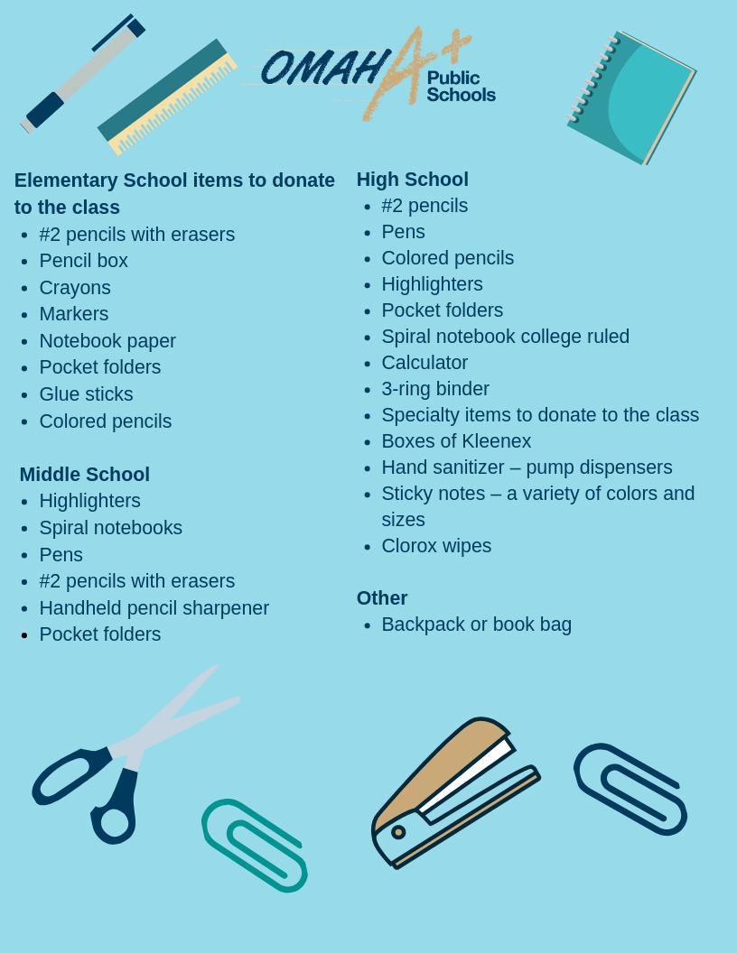 OmahaPubSchool's tweet photo. #Backtoschool supplies list! Parents and students should check with their teacher for a list of specific items for the school year. If you need help getting started, here are some suggested items for primary and secondary school students. #FallReadiness https://t.co/qZwf976VpU