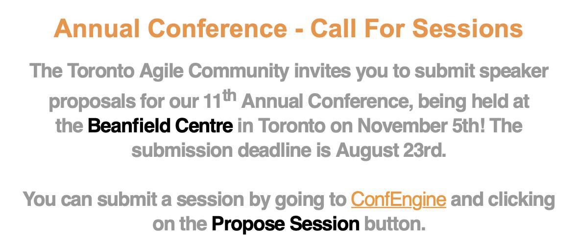 torontoagile's tweet photo. Less than one month till the submission deadline for the 11th Annual Toronto Conference. Don't forget to submit your proposals here ➡️  https://t.co/76gZfcDKUw https://t.co/4AZpwNXVlc