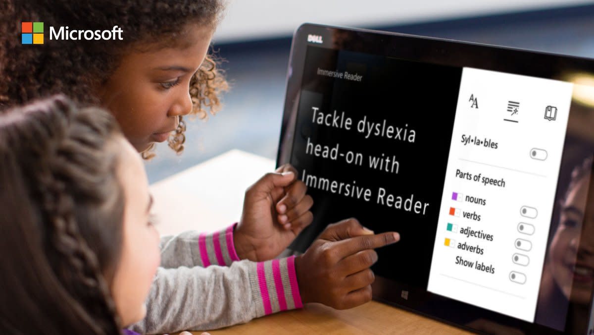 Schoolchildren using the Immersive Reader to assist their reading in the classroom.