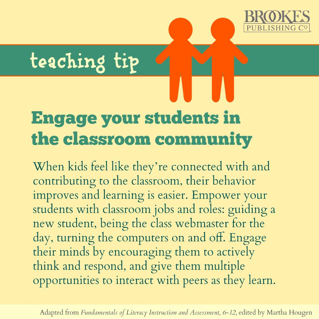 BrookesPubCo's tweet photo. Empower students by engaging them in your classroom community. (More teacher tips in this article: https://t.co/G4jG4t2VsA) #edchat https://t.co/J8tUIvSxhL