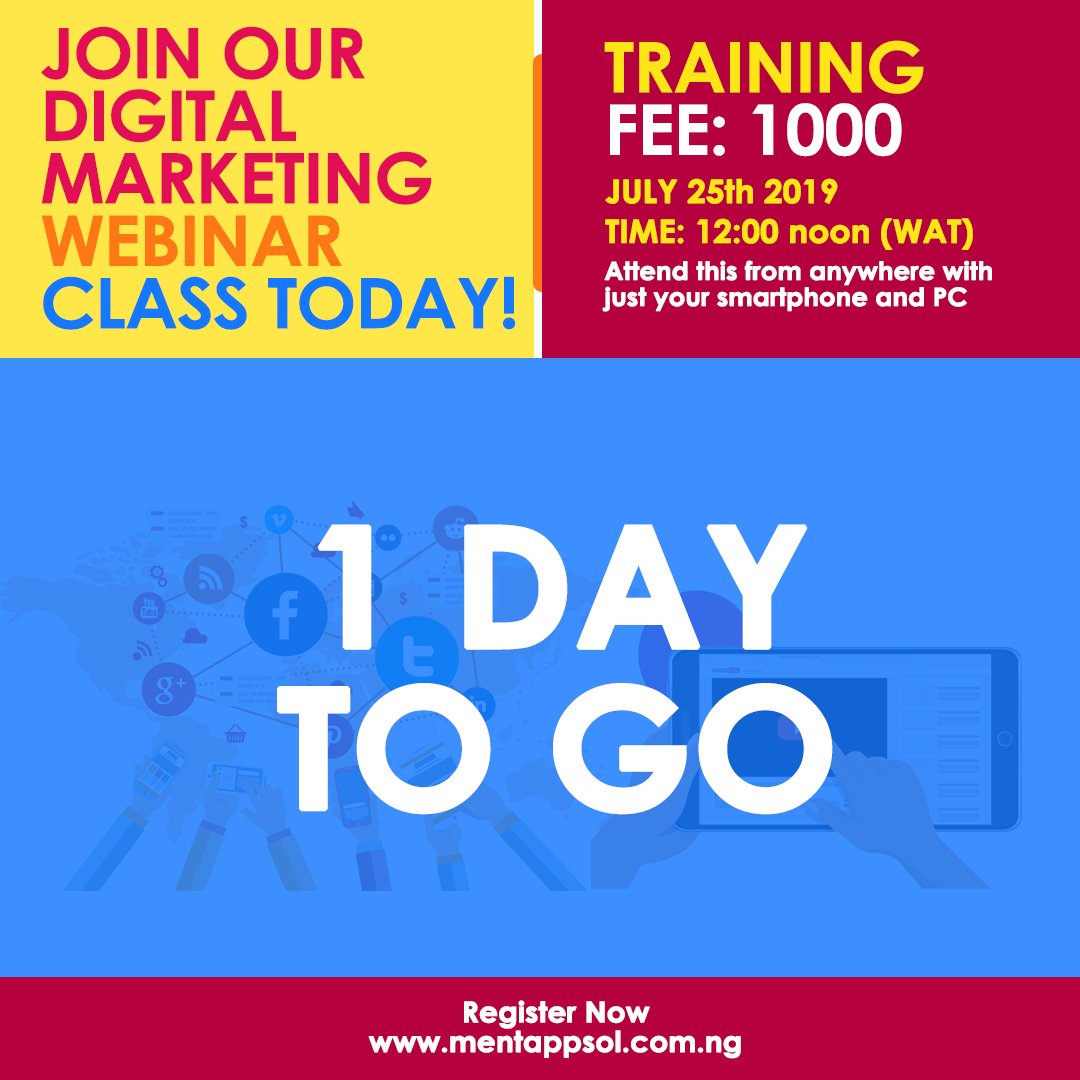 MenTapps's tweet photo. 1 Day to go
Have you registered? if yes ( U're lucky)
if no, try and register (hurry up)
Don’t miss the opportunity to get hands-on skill on digital marketing. Even at the comfort of your home.
Register here https://t.co/nwQorepZLh
Training fee: 1000 Naira
Whatsapp 09063552057 https://t.co/ErNInr5xOo
