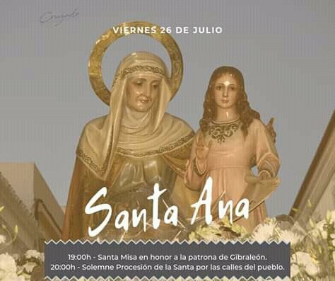 ParroquiaGibra's tweet photo. 🔔 Santa Ana, patrona de Gibraleón
📆 26 de julio
🕖 19:00h - Misa
🕗 20:00h - Procesión
💒 Parroquia Matriz de San Juan Bautista. https://t.co/F5xJbVLGja