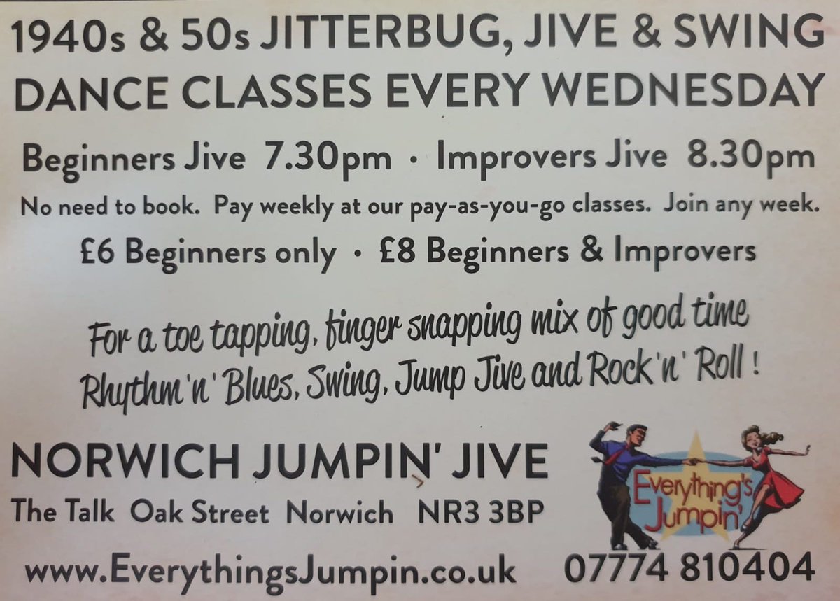TheNewTalk's tweet photo. Tonight Norwich Jumpin' Jive is at The Talk. 1940's and 50's Jitterbug, Jive and Swing lessons. 
7.30pm Beginners
8.30pm Improvers https://t.co/JErBDSIzSO