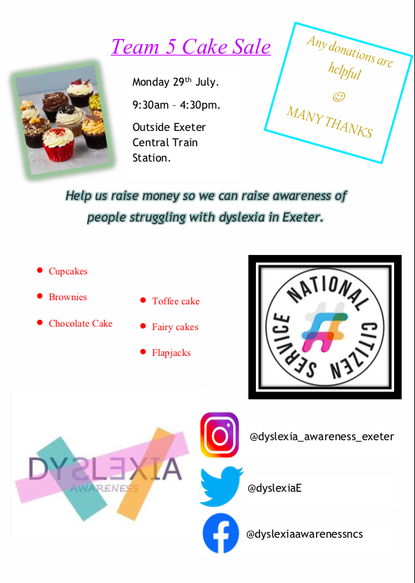 DyslexiaE's tweet photo. CAKES CAKES CAKES!!!Come, join us Monday 29th July outside Exeter Central! We're fundraising to raise awareness of people struggling with dyslexia😊#ncs #exeter #dyslexia #cakes #love #bethechange #fundraising #helpus #exeterncs #exetercentralstation #cookies #flapjacks #cakesale https://t.co/1su992gRnC