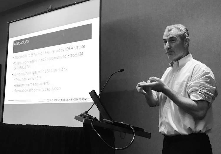 CIFR_IDEA's tweet photo. #OSEP’s Dan Schreier at #OSEPLC19 talked about distinctions in fiscal requirements between IDEA Part B Section 611 and Section 619 grants. https://t.co/jPztiC41CK