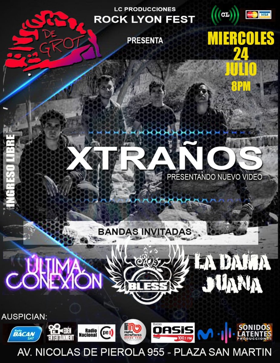 XTRAROCK's tweet photo. Iniciando las FIESTAS PATRIAS los Invitamos este MIERCOLES 24 de JULIO a este CONCIERTAZO de XTRAÑOS donde estaremos presentando nuestro Ultimo Video y lo Mejor de nuestro Repertorio en Vivo en el Exclusivo De Grot Bar Cultural de la Plaza San Martín en el Centro de Lima https://t.co/Q1S4BPrQjN