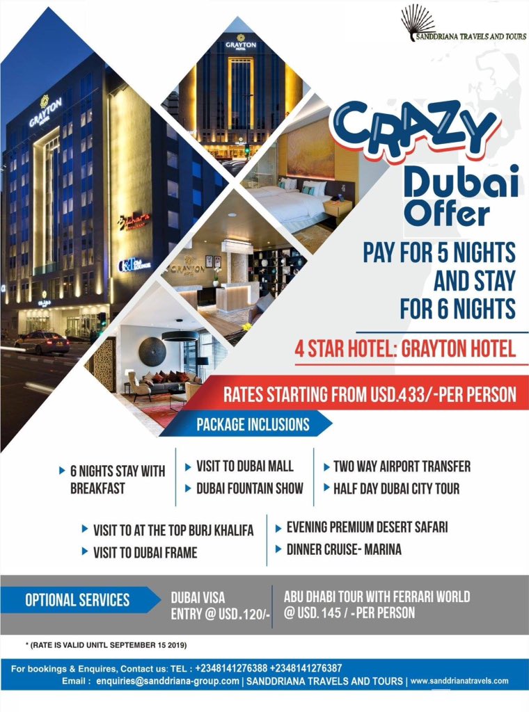 sanddrianaTT's tweet photo. Plan your visit to Dubai with our CRAZY DUBAI OFFER!!! This is a summer like never before. HURRY!!! Call 08141276388 or 08141276387 to book your slot. #sanddrianatravels #summerpackage #summer #dubai #crazyoffer #flightticket #carhire #hotelaccommodation https://t.co/8FB2ZkbyOR