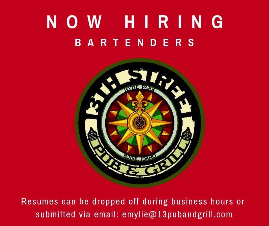 Join our team! We are currently #hiring bartenders and are flexible with scheduling. Must be 21+ years of age to apply.  Drop your resume off during business hours or email our bar manager at emylie@13pubandgrill.com