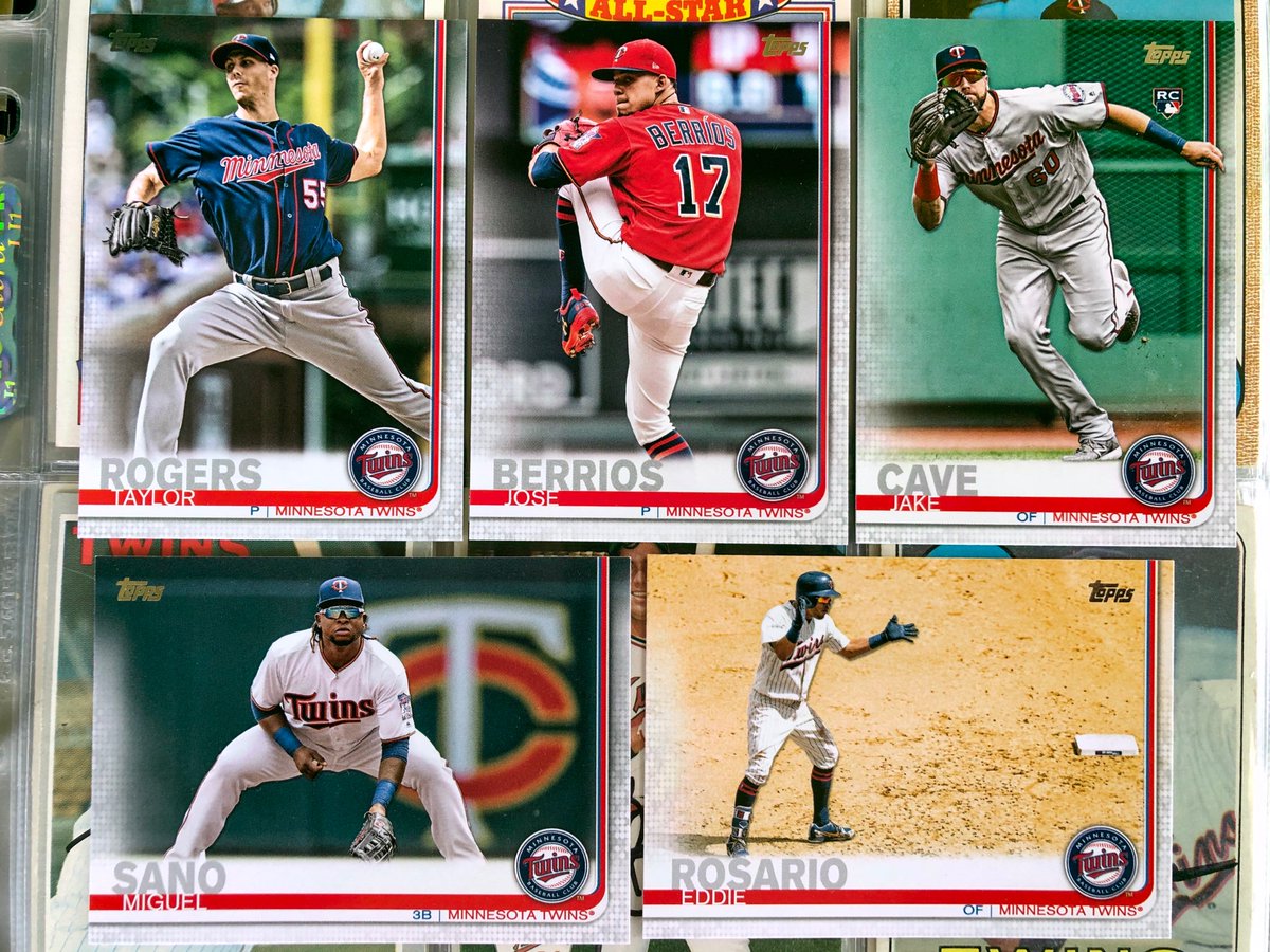 TwinsAlmanac's tweet photo. Here are five 2019 @Topps #MNTwins cards featuring five different uniforms. Which is your favorite—road blues, red and Kasota gold, road grays, home whites, or classic cream pinstripes? 

Comment and retweet for a chance to win all five cards. https://t.co/nYl4VgPuXH