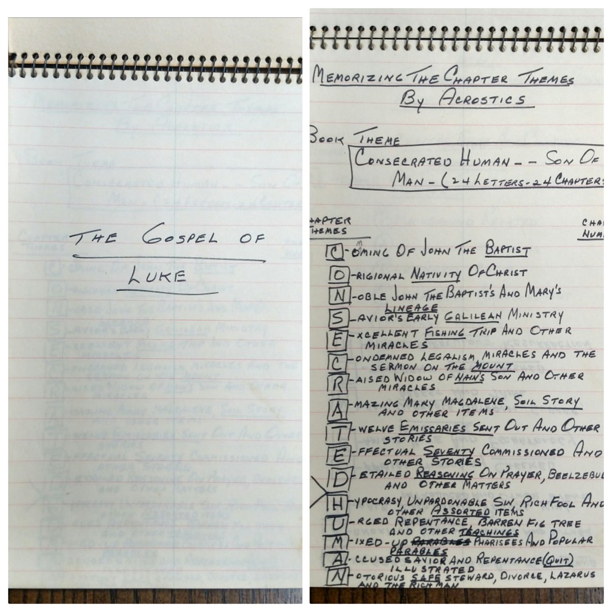 EOAraiza's tweet photo. While working on the Evangelist Dr. Joe M. Boyd Memorial Library, to be housed at the studios of WVGV, I came across handwritten notes.
From Luke, his plan to memorize the Bible according to his own acrostic outlines.
#studentofthescriptures #goodlyheritage #fundamentalist https://t.co/MthulH5Emk