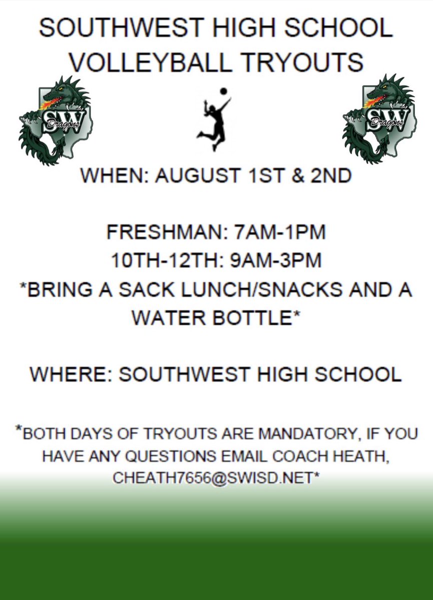 swisd_athletics's tweet image. Tryouts for volleyball are approaching fast!! Make sure to get those online forms complete before the first day! #dragonvb