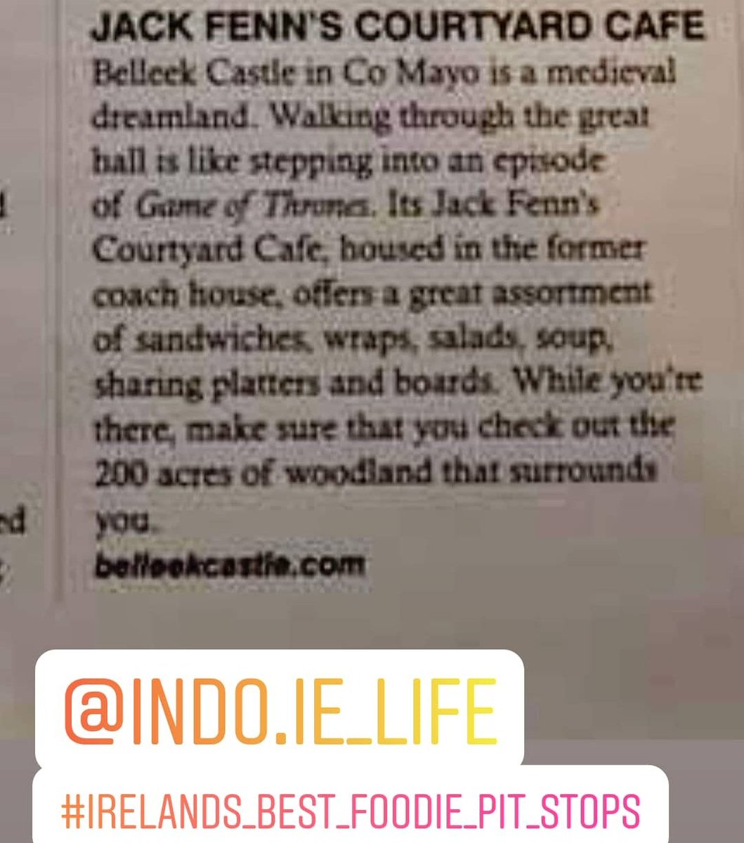 Delighted to read that @jackfenncafe <a href="/BelleekCastle/">Belleek Castle</a> is listed in Ireland's Best Foodie Pit-stops in the Sunday Independent Life magazine. Serving brunch &amp; lunch daily from 10.30pm until 5pm. Great to see the @WaterfrontSligo in the list too. <a href="/MayoNorth/">Mayo North Tourism, Ireland</a> <a href="/ChamberBallina/">Ballina Chamber</a> <a href="/WAWHour/">#WAWHour</a>