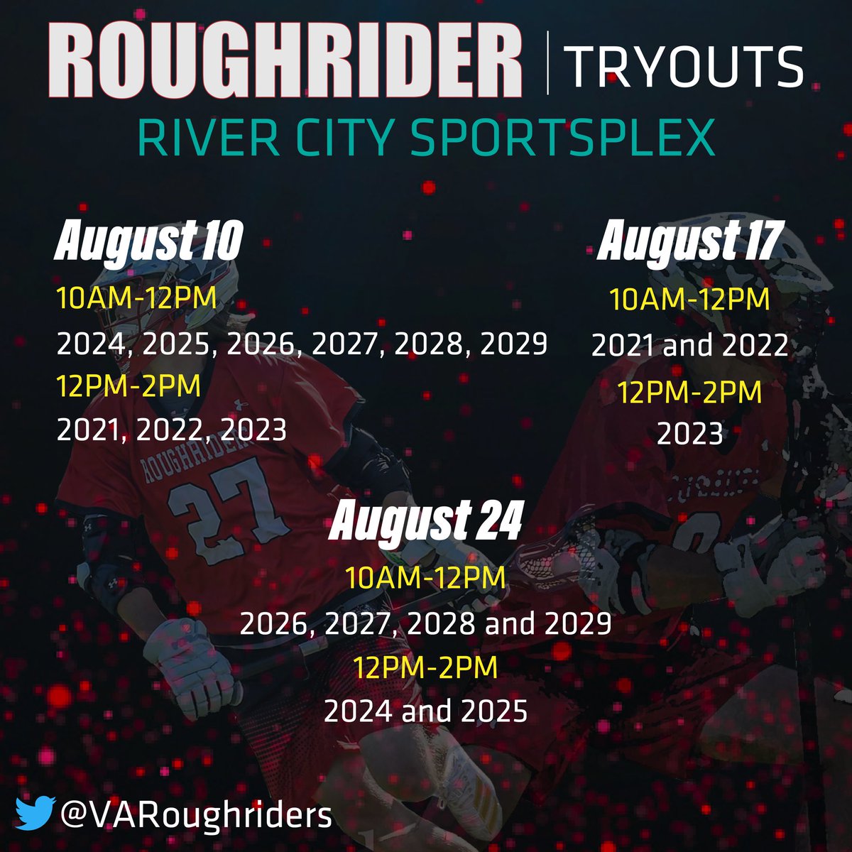 Tryouts are set for #RoughriderNation ! Don’t miss your chance to get in on the action 🥍😎

💻 roughriderlacrosse.com/virginia/rvtry…