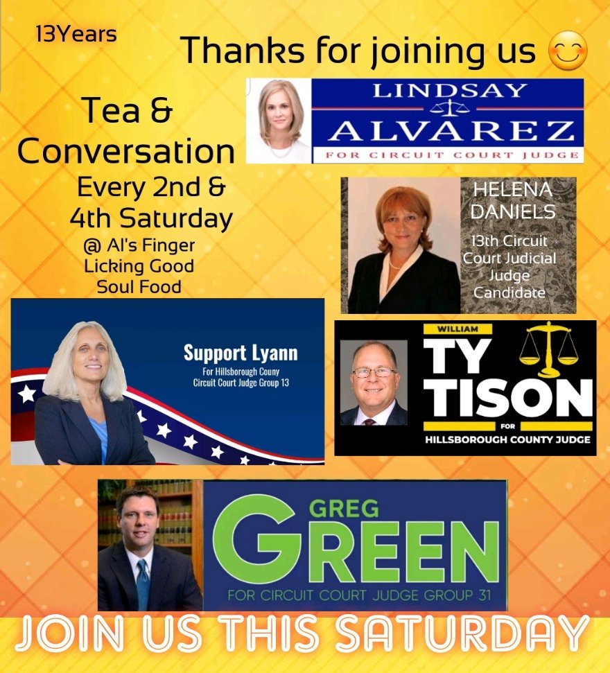 TheCandyLowe's tweet photo. 13 years, Tea and Conversation this Saturday with our Judicial Candidates..KNOW WHO YOUR VOTING FORโ #TEAANDCONVERSATION https://t.co/RbCw6WLUny
