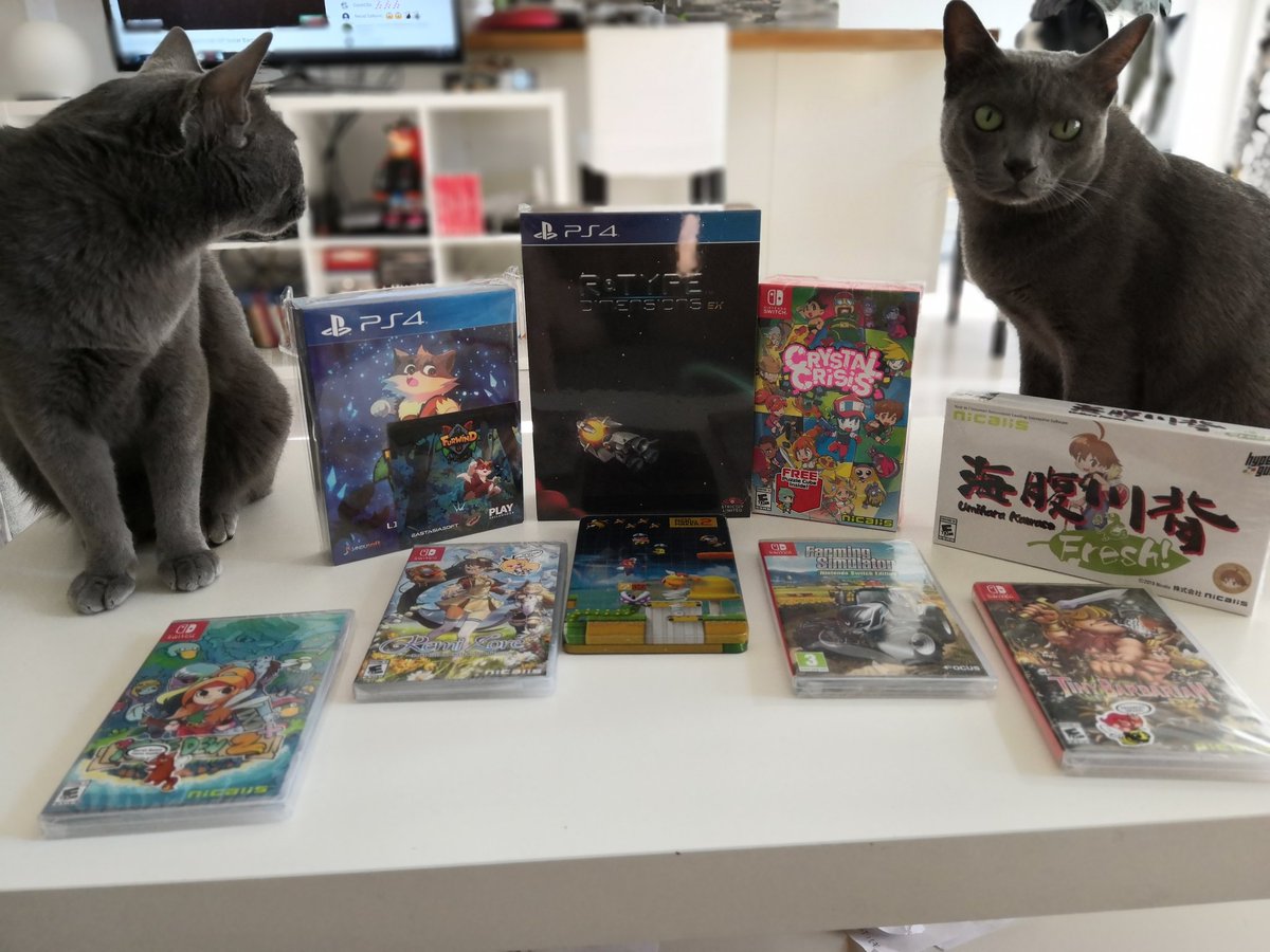Month of my birthday deliverying from: <a href="/nicalis/">Nicalis, Inc.</a> Crystal crisis,Remi lot, Ittle dew, UMIHARA <a href="/playasia/">Playasia</a> Furwind <a href="/RealStrictlyLTD/">Strictly Limited Games</a> R-type CE. Others: Super mario maker 2 and Farming simulator ;) Brings now a total of 16 NSW games. Aarre and Akir are also very excited 🐱