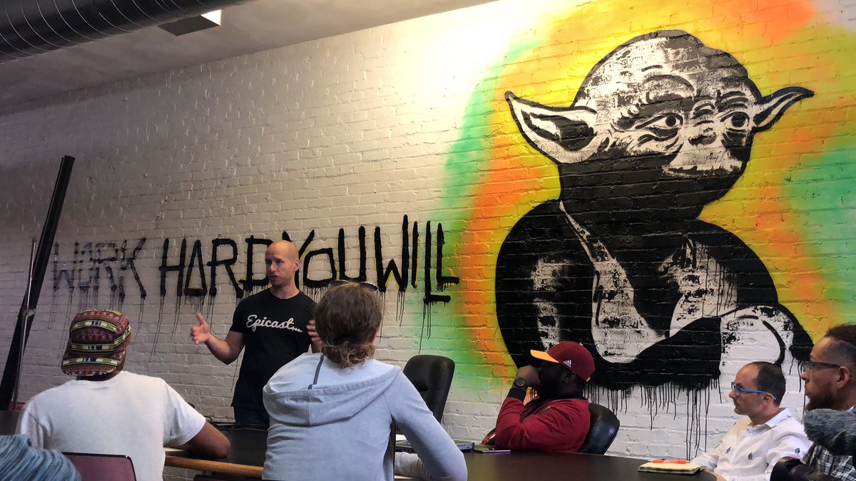 Riders hearing from Josh Lucas at <a href="/workhardpgh/">Work Hard Pittsburgh</a> about how to build a real business #startupbus2019