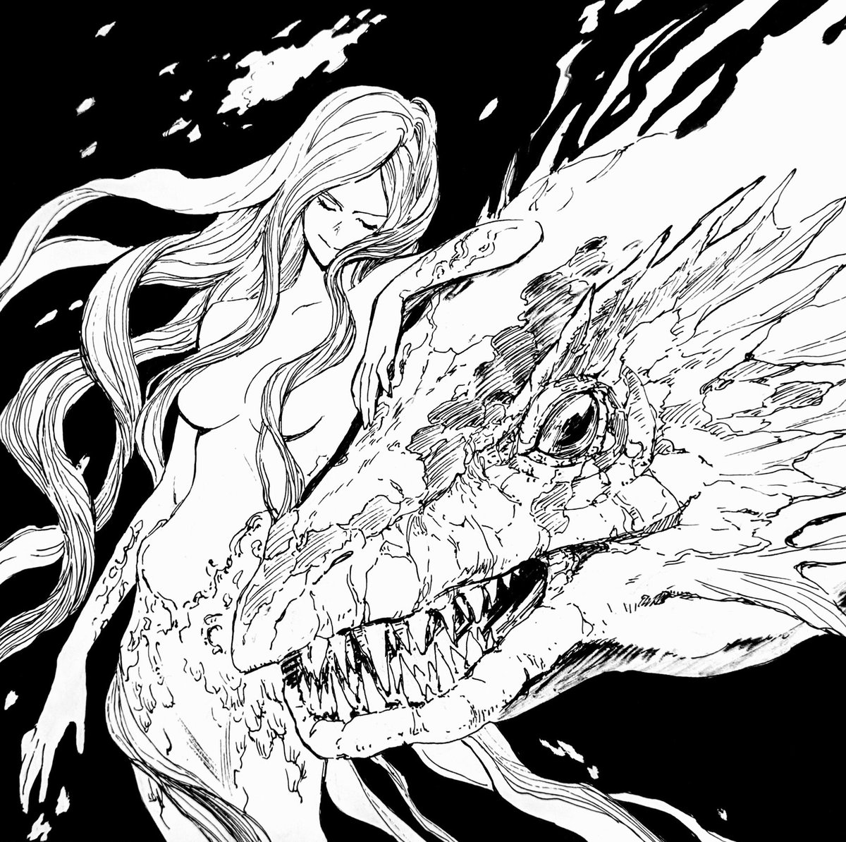 けわい Ar Twitter ふたりは友達 昨日のドラゴンのペン画ですー オリジナル 人魚と海系のドラゴンのつもりだったんで 下がきのトゲトゲ系よりヌルッと感強めにしました 1day1picture Day11 No 14 一日一絵 アナログイラスト ペン画 T Co Fpong0nyp8