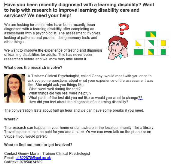 hdbirdy's tweet photo. A Clinical Psychologist from the Uni of East London is looking for people who have recently been diagnosed with a learning disability to take part in her research. Please get in touch if you'd be interested in taking part #research #learningdisability #learningdisabilityresearch https://t.co/nfREmyVp0F