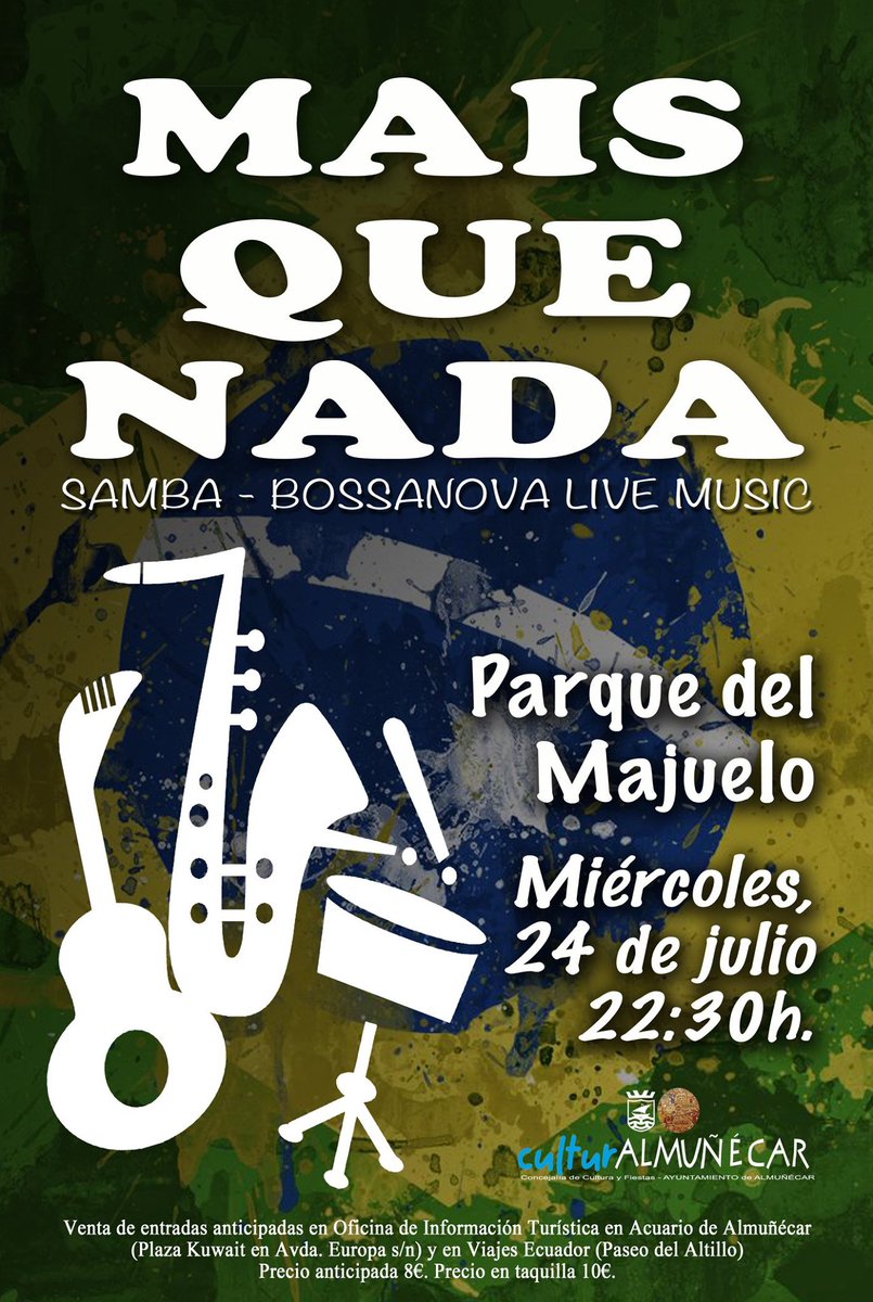 Hoy 24 de Julio Miércoles a las 22:30 H Parque El Majuelo de Almuñécar #Almunecar <a href="/AlmunecarAyto/">Almuñécar-Herradura</a> la samba y la bossanova de Mais Que Nada. <a href="/CulturAlmunecar/">CulturAlmuñécar</a> <a href="/albertGGilabert/">Alberto G. Gilabert</a> <a href="/VisitAlmunecar/">Turismo Almuñécar</a> <a href="/adirecto/">Andalucía Directo ❎</a> <a href="/canalsaludaldia/">Salud al Día</a> <a href="/canalsur/">CanalSur</a> <a href="/ideal_granada/">ideal_granada</a> <a href="/ideal_jaen/">ideal_jaen</a> <a href="/granadahoy/">Granada Hoy</a> <a href="/granadadigital/">GranadaDigital</a>