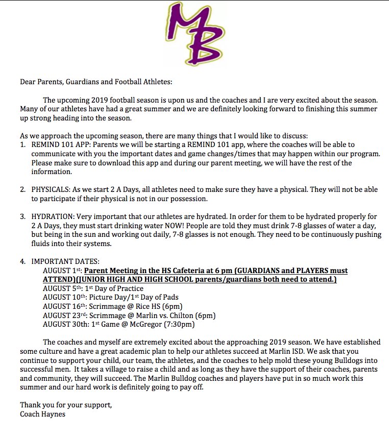 Marlin Bulldog Football (@marlinbulldog) on Twitter photo Attention all <a href="/MarlinBulldog/">Marlin Bulldog Football</a> ๐๐ Parents and Guardians. Important letter attaining information for our Bulldog program! #DogMentality #DogVision <a href="/CoachHaynesJr/">David Haynes, Jr. M. ED</a> Attention all <a href="/MarlinBulldog/">Marlin Bulldog Football</a> ๐๐ Parents and Guardians. Important letter attaining information for our Bulldog program! #DogMentality #DogVision <a href="/CoachHaynesJr/">David Haynes, Jr. M. ED</a>