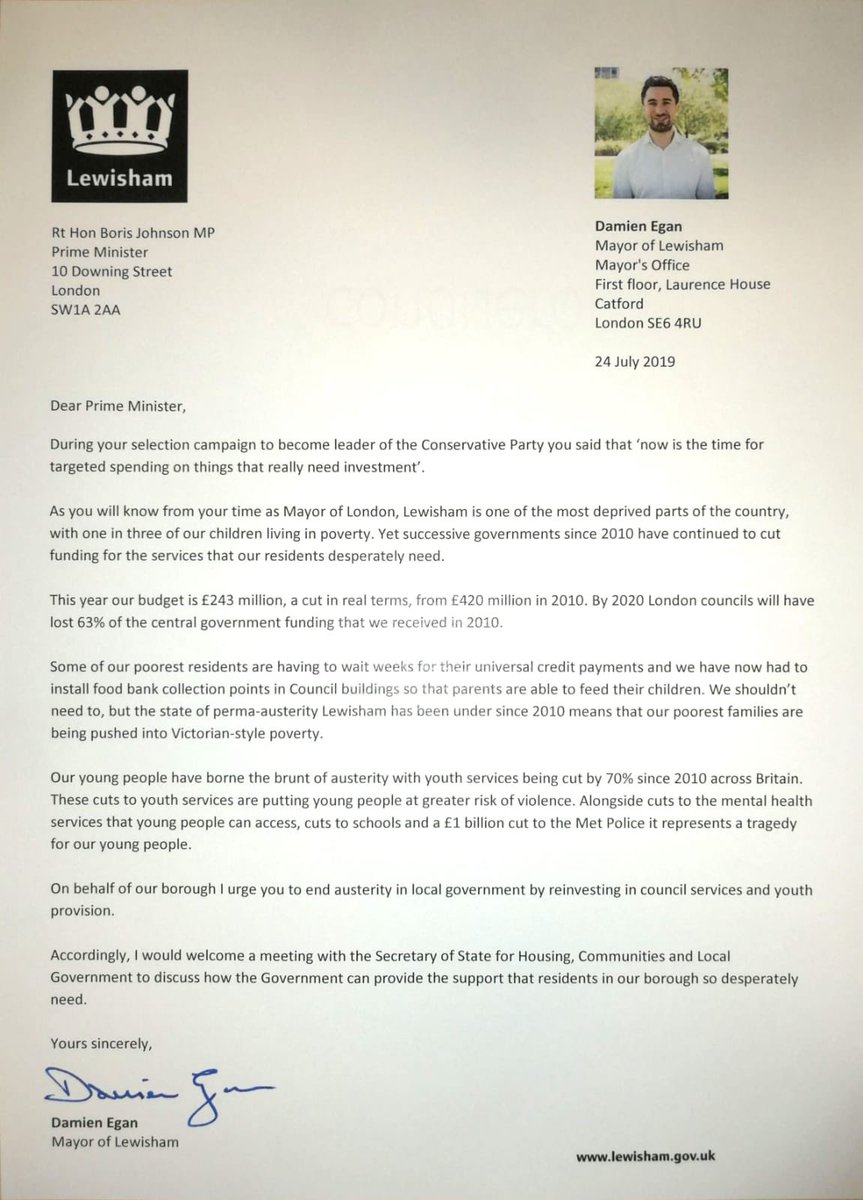 I have written to the new Prime Minister <a href="/BorisJohnson/">Boris Johnson</a> on behalf of Lewisham to explain how the brutal impact successive Tory governments have had on our borough's poorest families.

Lewisham desperately needs to see an end to Tory austerity.