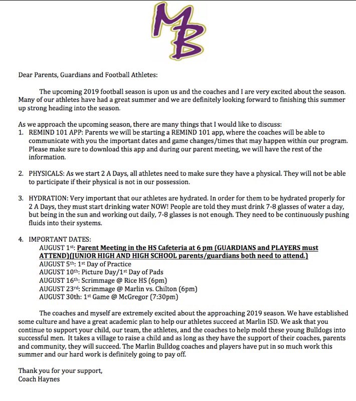 Charles Hitchens (@coachhitchens) on Twitter photo ALL Marlin Junior High/High School boys athletes and parent guardians:
THIS IS FOR YOU๐๐พ๐๐พ๐๐พ๐๐พโผ๏ธ
WE NEED YOU ALL IN ATTENDANCE ON August 1st, 2019 at 6pm at the High School Cafeteria... Letโs all get on the same page and letโs have a great yearโผ๏ธ<a href="/MarlinBulldog/">Marlin Bulldog Football</a>
#MarlinPride๐ ALL Marlin Junior High/High School boys athletes and parent guardians:
THIS IS FOR YOU๐๐พ๐๐พ๐๐พ๐๐พโผ๏ธ
WE NEED YOU ALL IN ATTENDANCE ON August 1st, 2019 at 6pm at the High School Cafeteria... Letโs all get on the same page and letโs have a great yearโผ๏ธ<a href="/MarlinBulldog/">Marlin Bulldog Football</a>
#MarlinPride๐