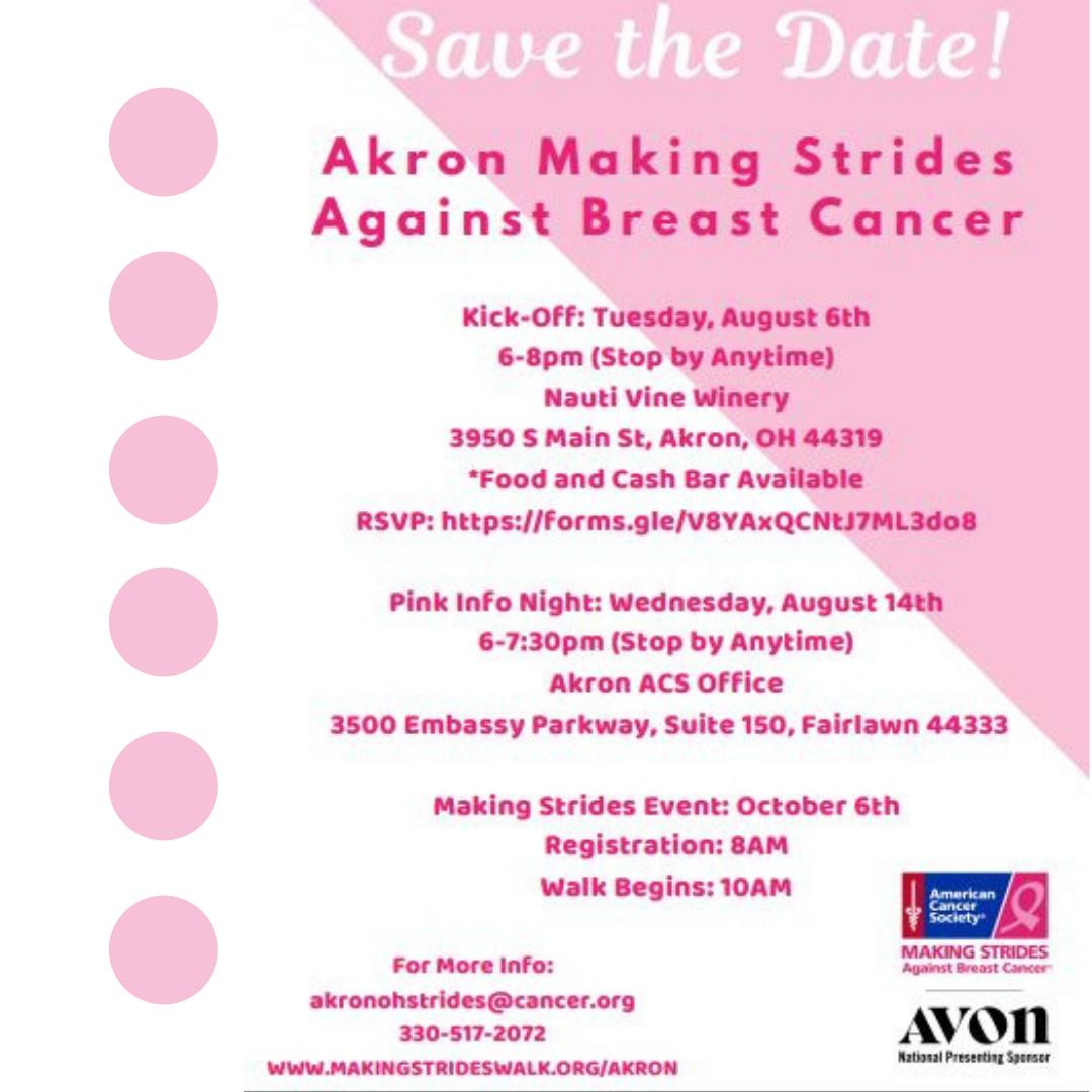 akronstrides's tweet photo. Save the date for our Kick-Off celebration, our Pink Info Night, and the Making Strides Against Breast Cancer Event! We can't wait to have an awesome event with everyone! 😁 #makingstridesAkron https://t.co/OSJFFqPV6K