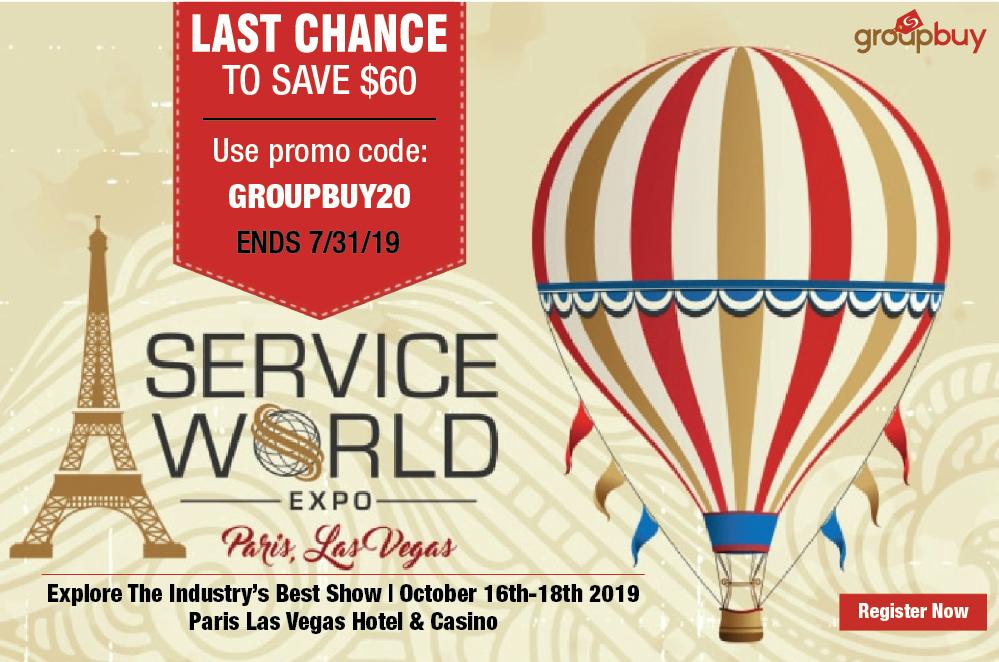 LAST CHANCE!

Register before 7/31/19 to SAVE $40 and receive your FREE Service World Expo T-Shirt!
*PLUS* save an additional $20 with promo code: GROUPBUY20

You just saved $60!!

sweshow.com/attend/paris/