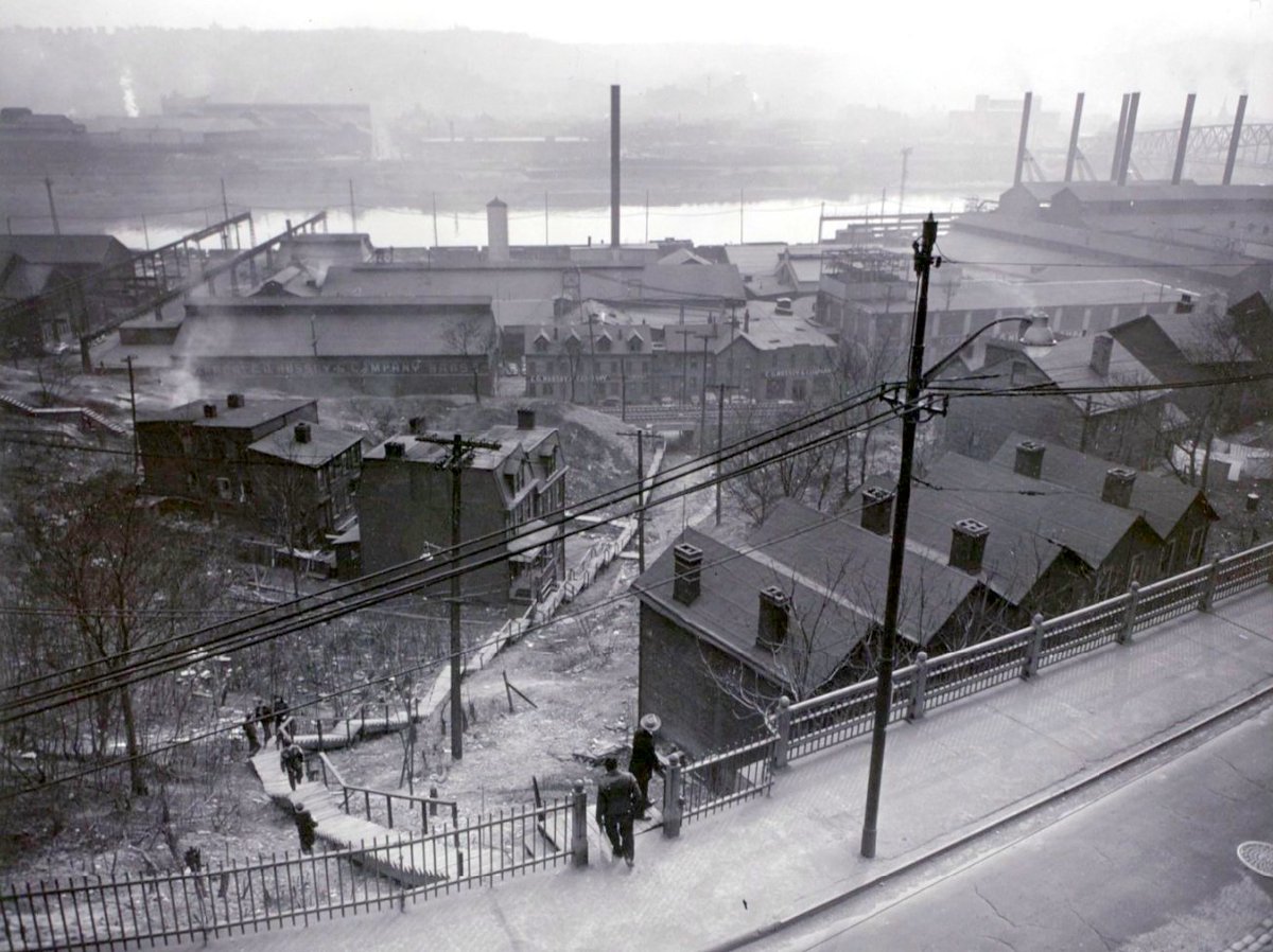 #Pittsburgh's Soho section from the Blvd of the Allies looking toward the South Side. Pictured in the foreground is Forbes Avenue along with the Monongahela River in the background.

Photo by Harold Corsini, 1952