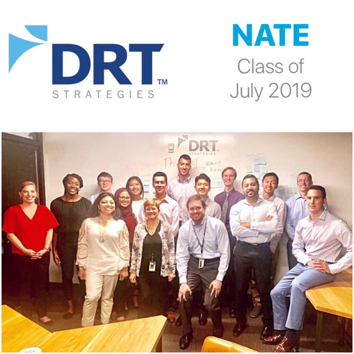 DRTStrategies's tweet photo. WELCOMEย DRTโs July 2019 class of new Associates!!! ๐ค๐ก๐๐ THANKS to DRTโs New Associate Training & Engagement team (NATE) for your dedication to this program!#DrivingResolutionTogether #ThinkHardWorkSmart #Recruiting #ITrecruiting #TechRecruiting #CollegeRecruiting #ClassOf2019 https://t.co/rMPjLPM2DN