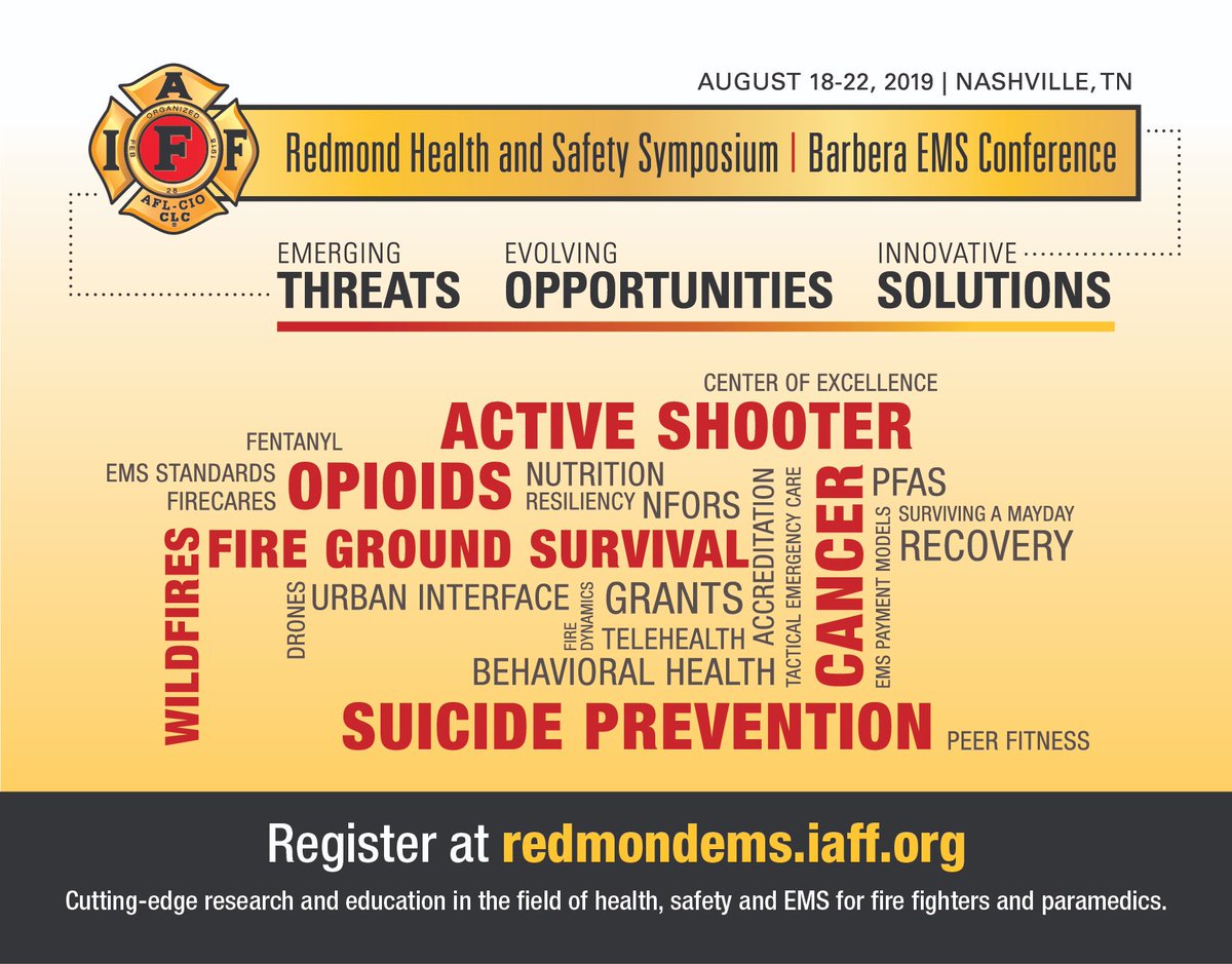 iaffwfi's tweet image. Register for #IAFFRedmond August 18-22 in Nashville, TN. WFI related pre-conference events include Functional Nutrition and Using WFI Fitness Assessments to #makeexercisematter! 
#IAFFNutrition @IAFFNewsDesk 
redmondems.iaff.org