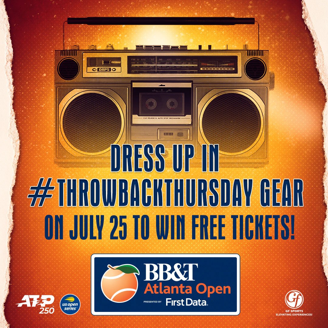 ATLOpenTennis's tweet photo. Tomorrow is #ThrowbackThursday at the #AtlantaOpen! The first 🔟 couples/pairs to arrive at the box office for the evening session that are dressed up in throwback gear will get free tickets to sit in the City View Suites! The box office opens at 6 p.m. https://t.co/B8WuoFHhSV