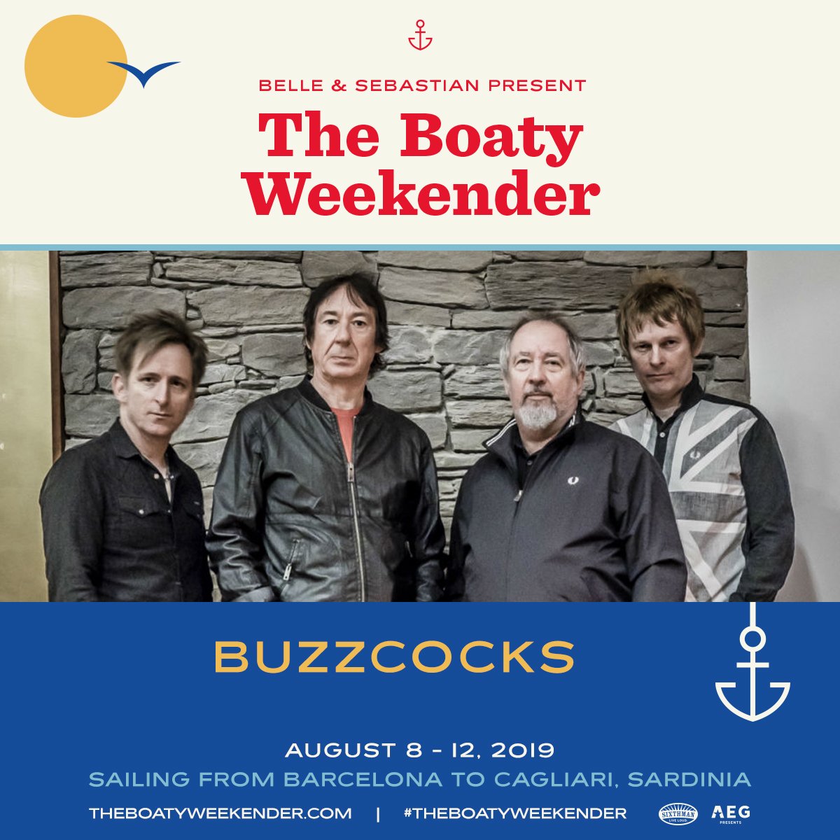 We cannot wait to set sail with <a href="/Buzzcocks/">Buzzcocks</a>! They will be appearing with Belle and Sebastian and many others on this cruise ship! Expect a lineup featuring Steve Diggle on lead vocals, as well as a show with guest vocalists in a tribute to Pete Shelley. #theboatyweekender