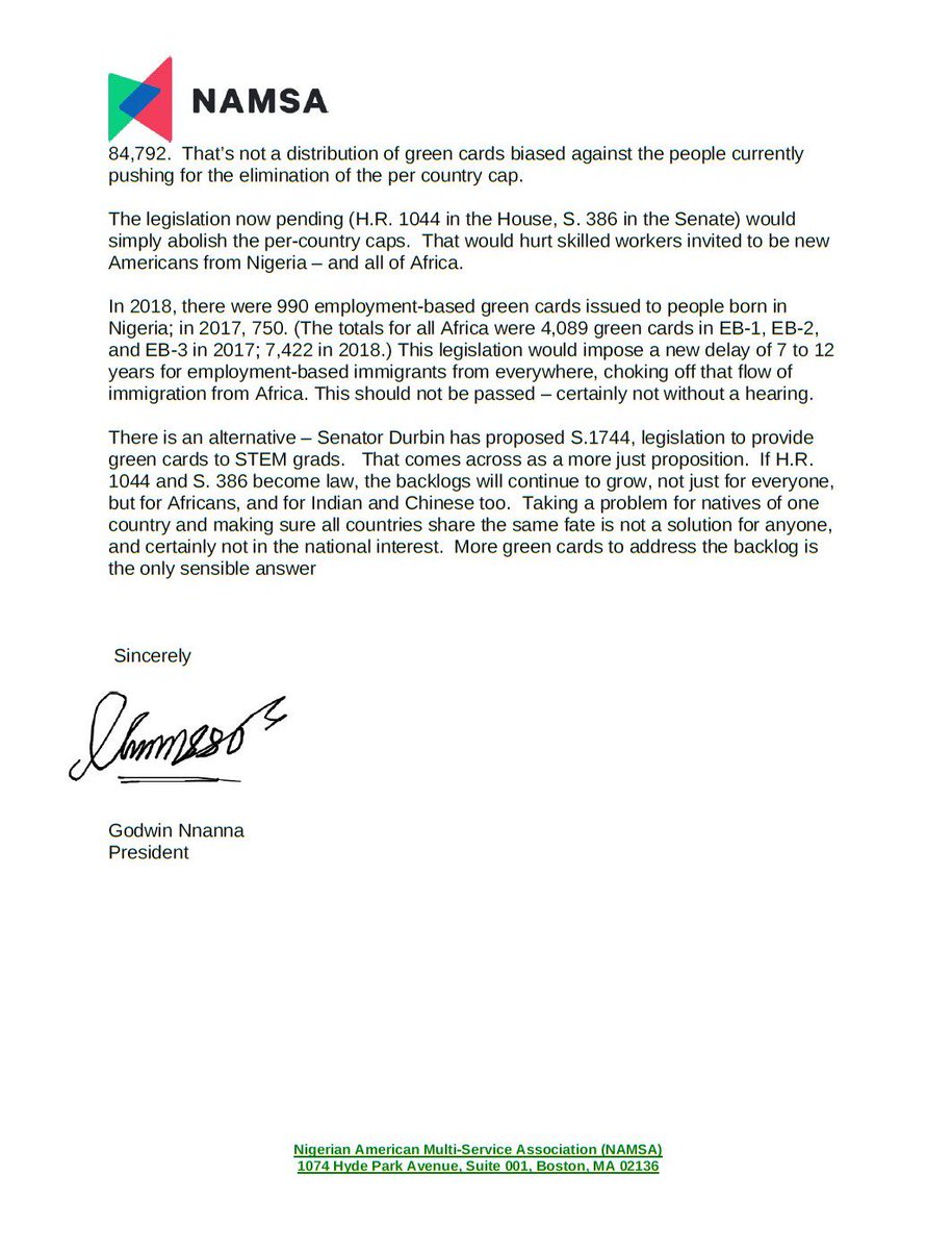 In a letter to Congress, the #NigerianAmerican Multi-Services Association @NamsaUsa expressed its profound concern regarding #S386, 'This legislation ... choking off that flow of #immigration from #Africa. This should not be passed - certainly not without a hearing.' @JoyAnnReid