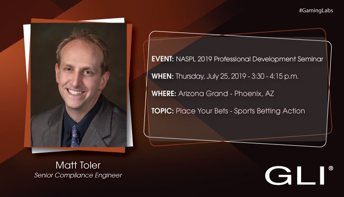 GamingLabsInt's tweet photo. Sports betting is continuously a hot topic &amp; Matt Toler's "Place Your Bets - Sports Betting Action" session at NASPL tomorrow is not cooling down! This session will take an interactive approach to sports betting product delivery &amp; the critical elements. #GamingLabs #GLI #NASPL https://t.co/6ZAeZbWDB4