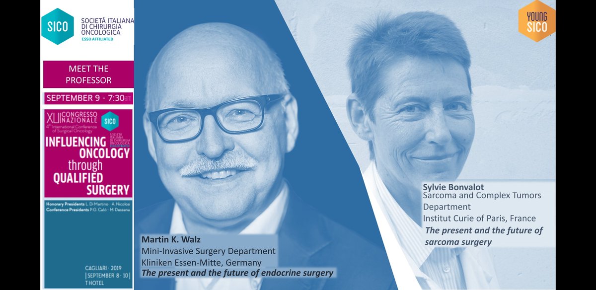 Cagliari 9 September 2019, Meet the professor event starring Sylvie Bonvalot and Martin K Walz. They will discuss the future of #sarcoma and #endocrine surgery! All young fellows are welcome to join! @YSICOBoard