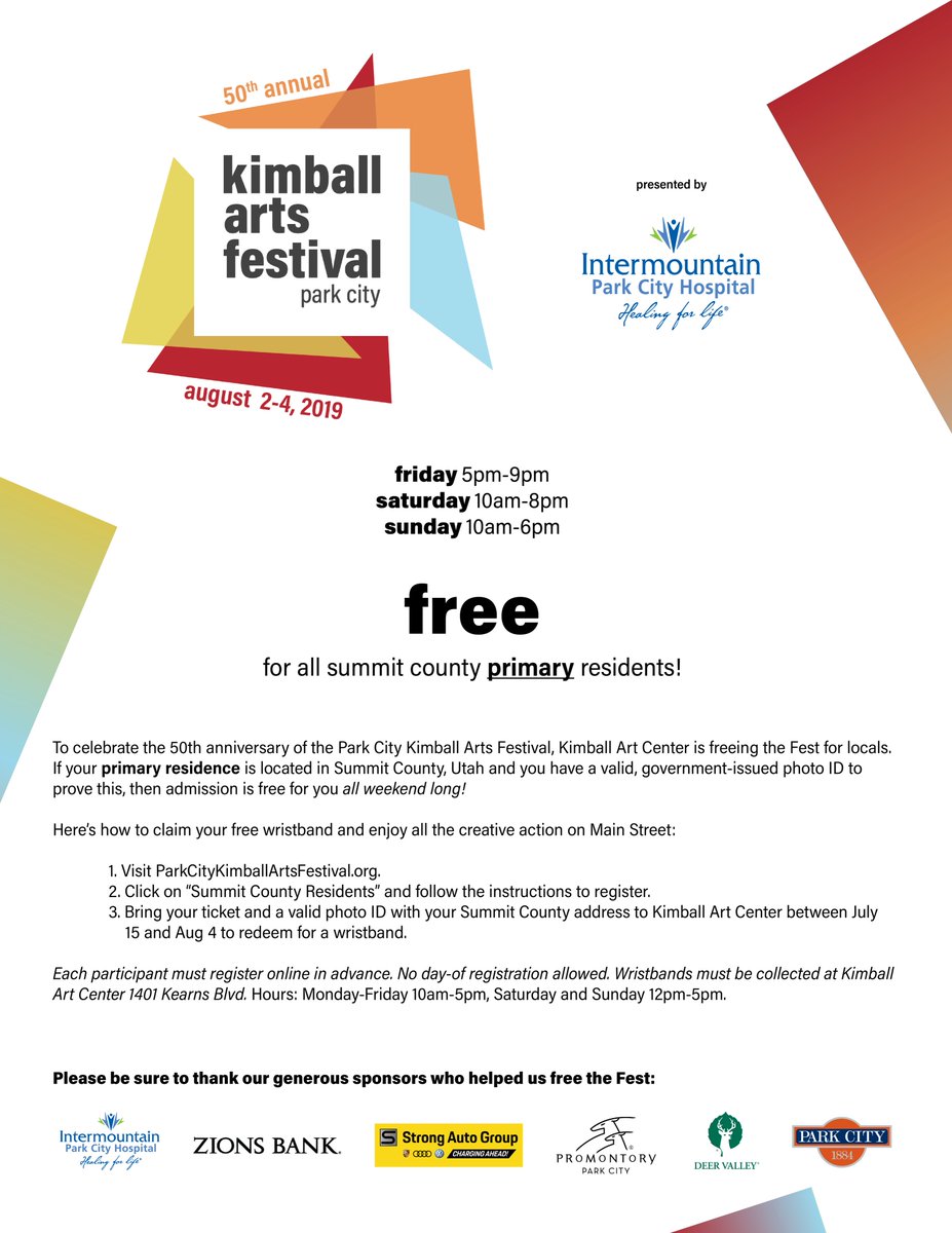 Kimball Art Center (@kimballart) on Twitter photo For the 50th annual Park City Kimball Arts Festival, <a href="/kimballart/">Kimball Art Center</a> is freeing the Fest for locals. If your primary residence is in Summit County, Utah and you have a valid photo ID, then entry is free for you all weekend long! Lean more here parkcitykimballartsfestival.org For the 50th annual Park City Kimball Arts Festival, <a href="/kimballart/">Kimball Art Center</a> is freeing the Fest for locals. If your primary residence is in Summit County, Utah and you have a valid photo ID, then entry is free for you all weekend long! Lean more here parkcitykimballartsfestival.org
