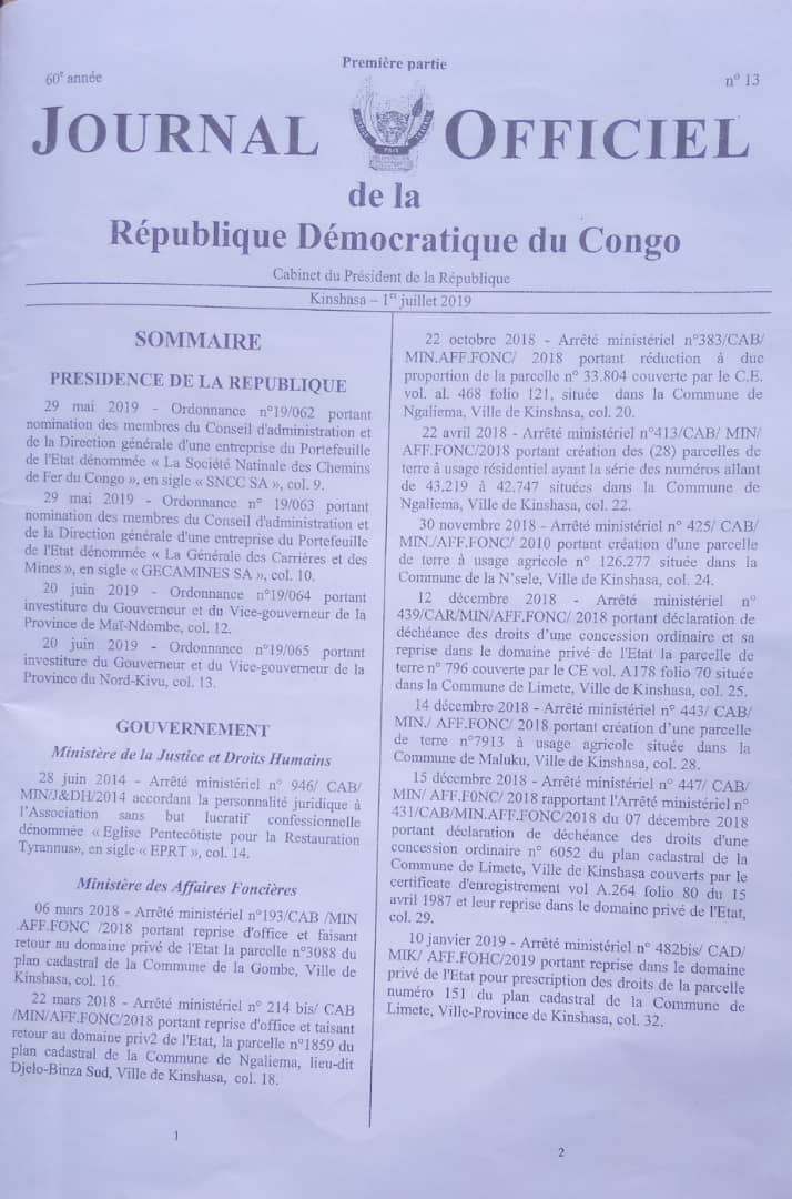 KMarteens's tweet photo. #RDC: Enfin les ordonnances N°19/062 et n°19/063 du 29 mai 2019 portant respectivement Nominations des Membres des Conseils d'administration et des Directions Générales de la #SNCC ainsi que d la @Gecamines viennent d'apparaître dans l @JOURNALOFFICIEL. @soniarolley @RFIAfrique https://t.co/i9a1ryF0A6