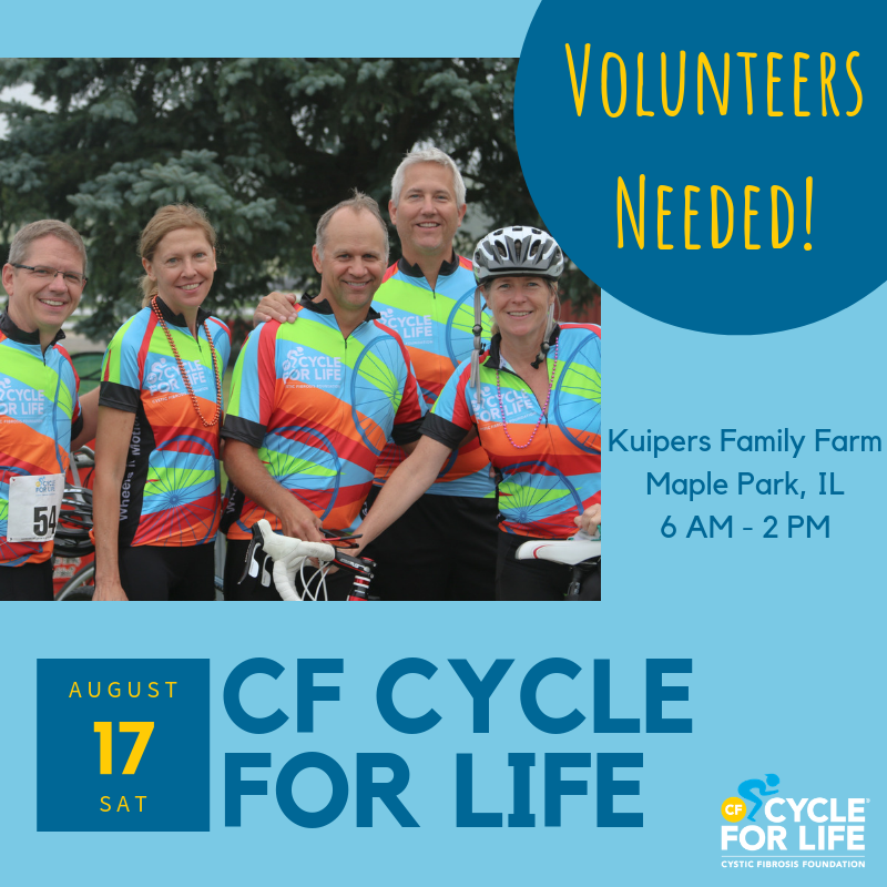 CFF_Chicago's tweet photo. We are in search of volunteers to help us at CF #CycleforLife event on Saturday, 8/17 at @KuipersFarm in Maple Park. Shift times vary between 6 AM - 2 PM. Please contact Colleen Shanahan at 312-619-3931 or cshanahan@cff.org if you are interested. https://t.co/vA0LZlAhQs