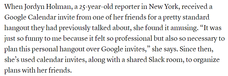 Since I've been adulting I've faced one major reoccurring problem: Making sure I remember to hang out with my friends. So I've turned to Google Calendars. 

I talked to <a href="/TheAtlantic/">The Atlantic</a> about this very millennial issue.  theatlantic.com/family/archive…