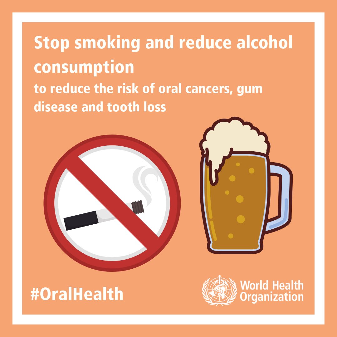 Prevent oral diseases (and noncommunicable diseases): Stop smoking 🚭 and reduce alcohol consumption 🍻🍷🥃
bit.ly/2Gsj3Pu 

#OralHealth 
#GlobalOralHealth