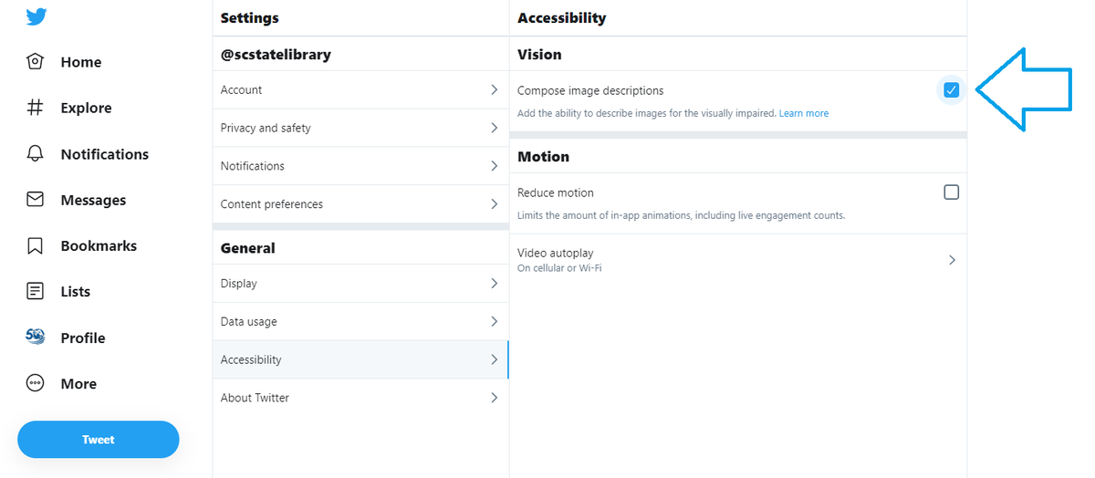 scstatelibrary's tweet image. Find the “Vision” tab and select to compose #ImageDescriptions. Activating image descriptions will allow alt-text to appear as an option on every image you post from now on. These settings will save and will not need to be turned on again. #Accessibility #Thread 3/7