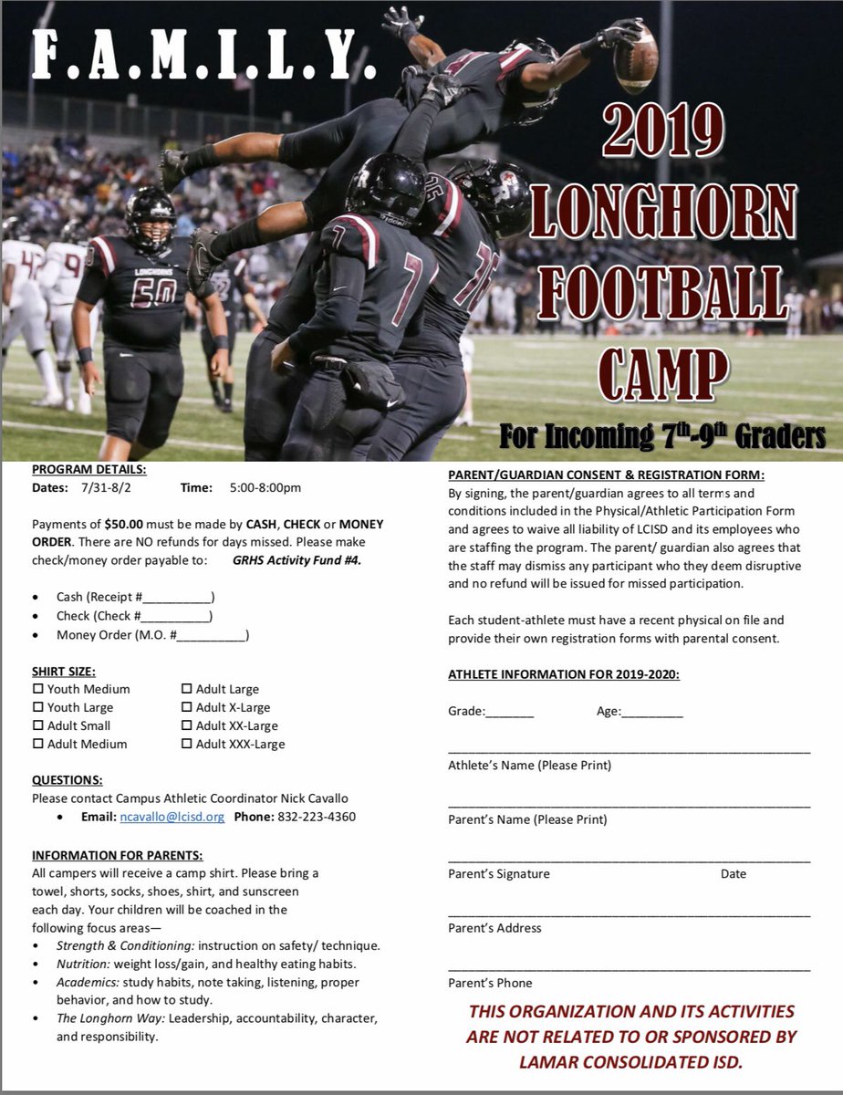 Only One week away,looking forward to seeing all incoming 7th-9th graders at the Longhorn Football camp