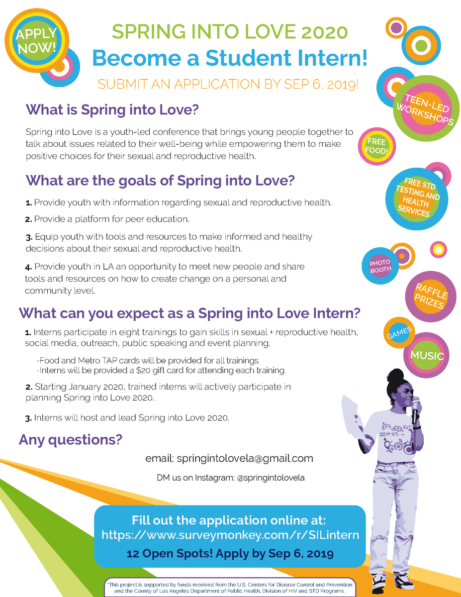 WeCanStopSTDsLA's tweet photo. Please help spread the word! Applications are now being accepted for @SpringIntoLove 2020 interns. Apply online by September 6! https://t.co/wrnqle0sQA https://t.co/9cnPtftZlJ