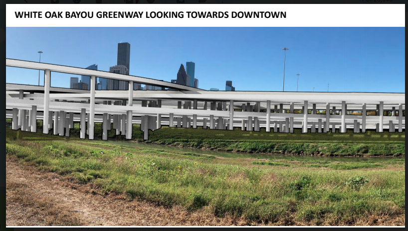 xroblockx's tweet photo. I went on a run this morning on the White Oak Bayou trail. It currently has a great view of downtown. If @TxDOT builds Segment 3 of NHHIP, it will look like this rendering by @houparksboard. #makeI45better https://t.co/9hc5tpuP4S