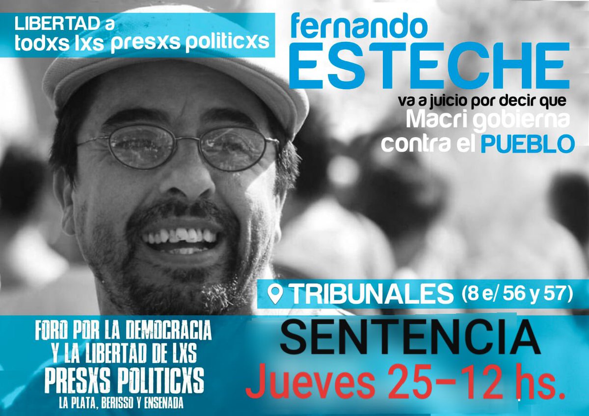estechefernando's tweet photo. Mañana! 
Termina el juicio a Fernando Esteche.
A las 12 hs, sentencia.

#LibertadAFernandoEsteche
#LibertadATodxsLxsPresxsPolíticxs 
@Foroporlaliber1 https://t.co/nEeF7pk8xy
