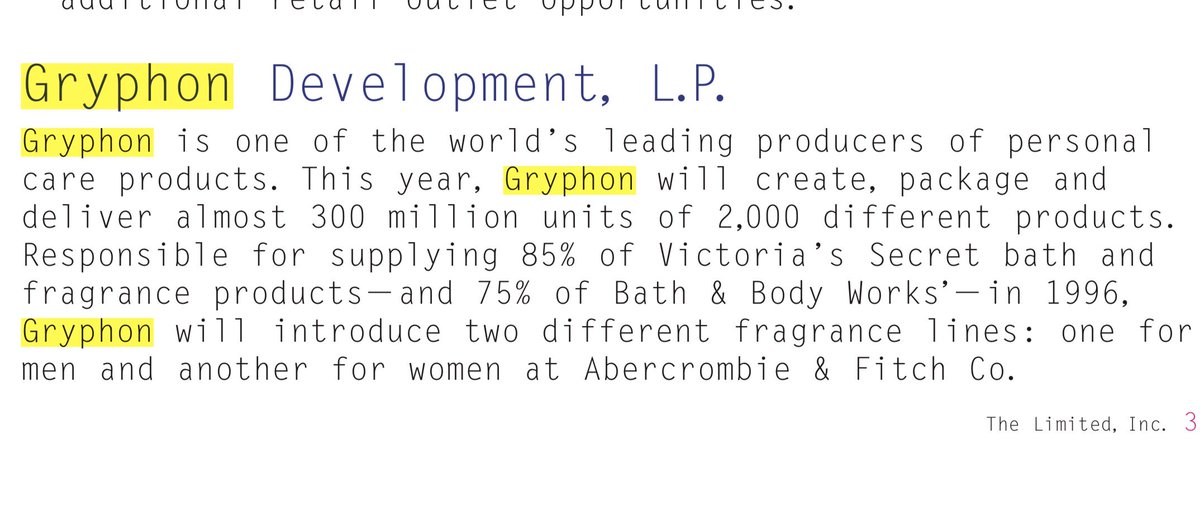 Gryphon Development, L.P.Producer of personal care products.Gryphon soon became division responsible 4 creation of new products 4 Bath & Body Works chain,acting as R&D arm of personal care branch. Robert J. Ruttenberg, Pres http://www.fundinguniverse.com/company-histories/intimate-brands-inc-history/