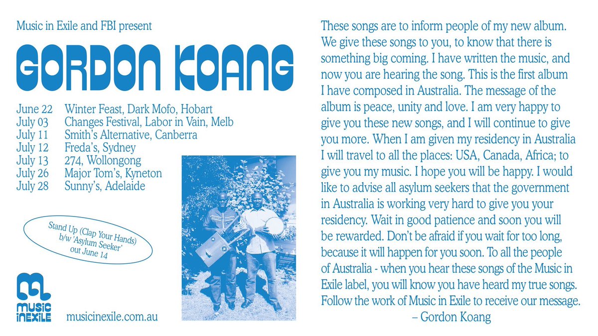 Gordon Koang playing tomorrow night! Get on down- this guy is amazing. Tickets only $15. #musicinexile #kyneton