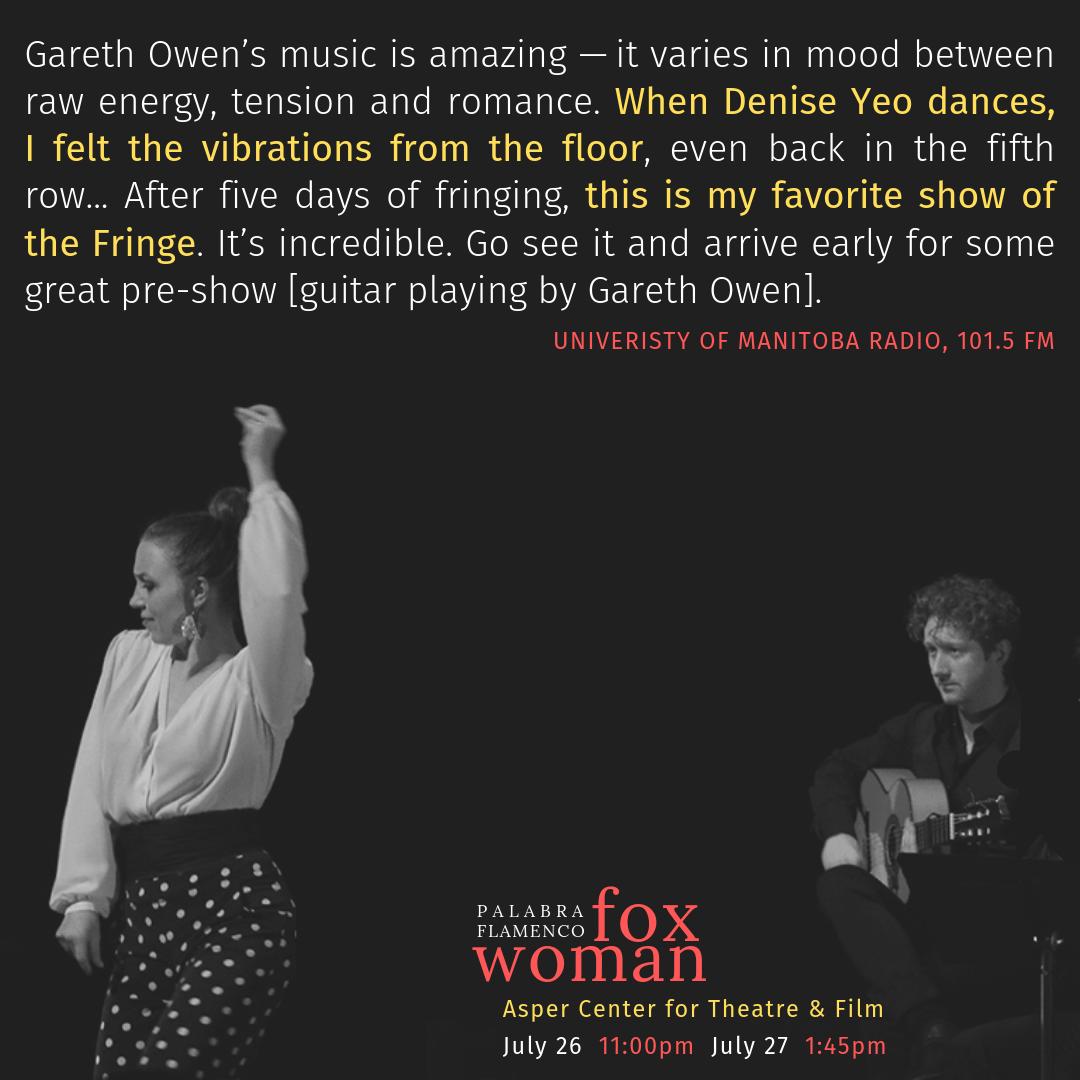 PalabraFlamenco's tweet photo. Two more performances for Fox Woman: July 26 (11:00pm) and July 27 (1:45pm). Storytelling with passionate flamenco dance and guitar. TICKETS: https://t.co/AIMSALFDjy #wpgFringe #wpgTheatre #wpgDance #wpgMusic #wpgEvents #winnipeg #wpg #pegcity #wpgmusic #ywg #WinnipegEvents https://t.co/2LYoB4JCAf